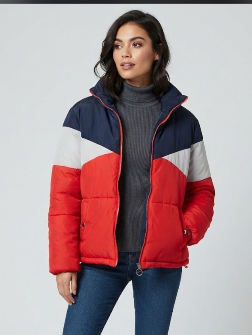 New Look Tricolor Block Puffer Jacket Size Med/ Red White Blue Retro Sporty